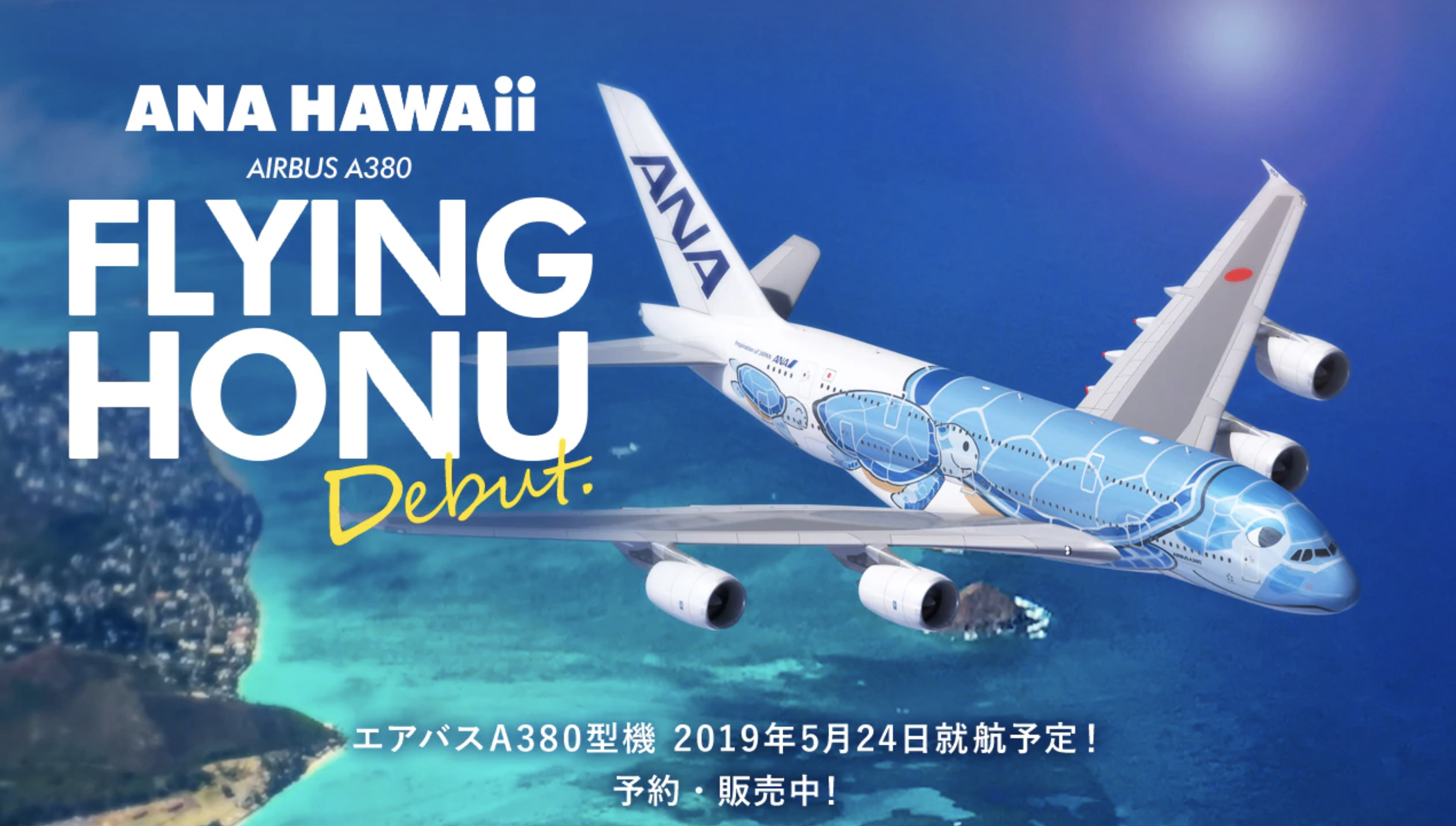 ハワイ上空の全日空（ANA）A380型機フライングホヌ1号機